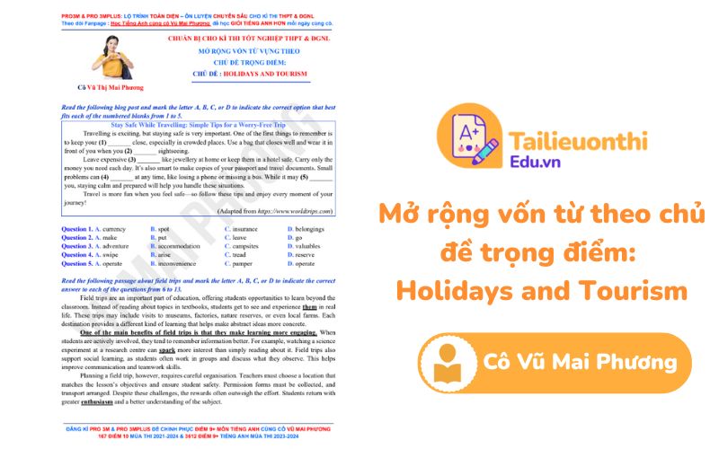Mở rộng vốn từ theo chủ đề trọng điểm Holidays and Tourism Cô Vũ Mai Phương